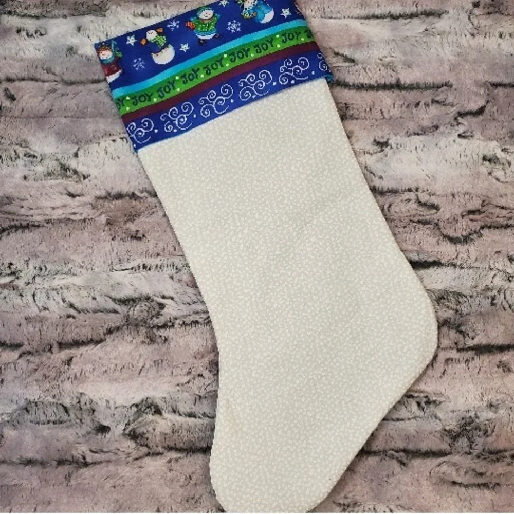 Joy Snowman Family Winter Snowflake Christmas 17 Inch Stocking Green Blue Purple